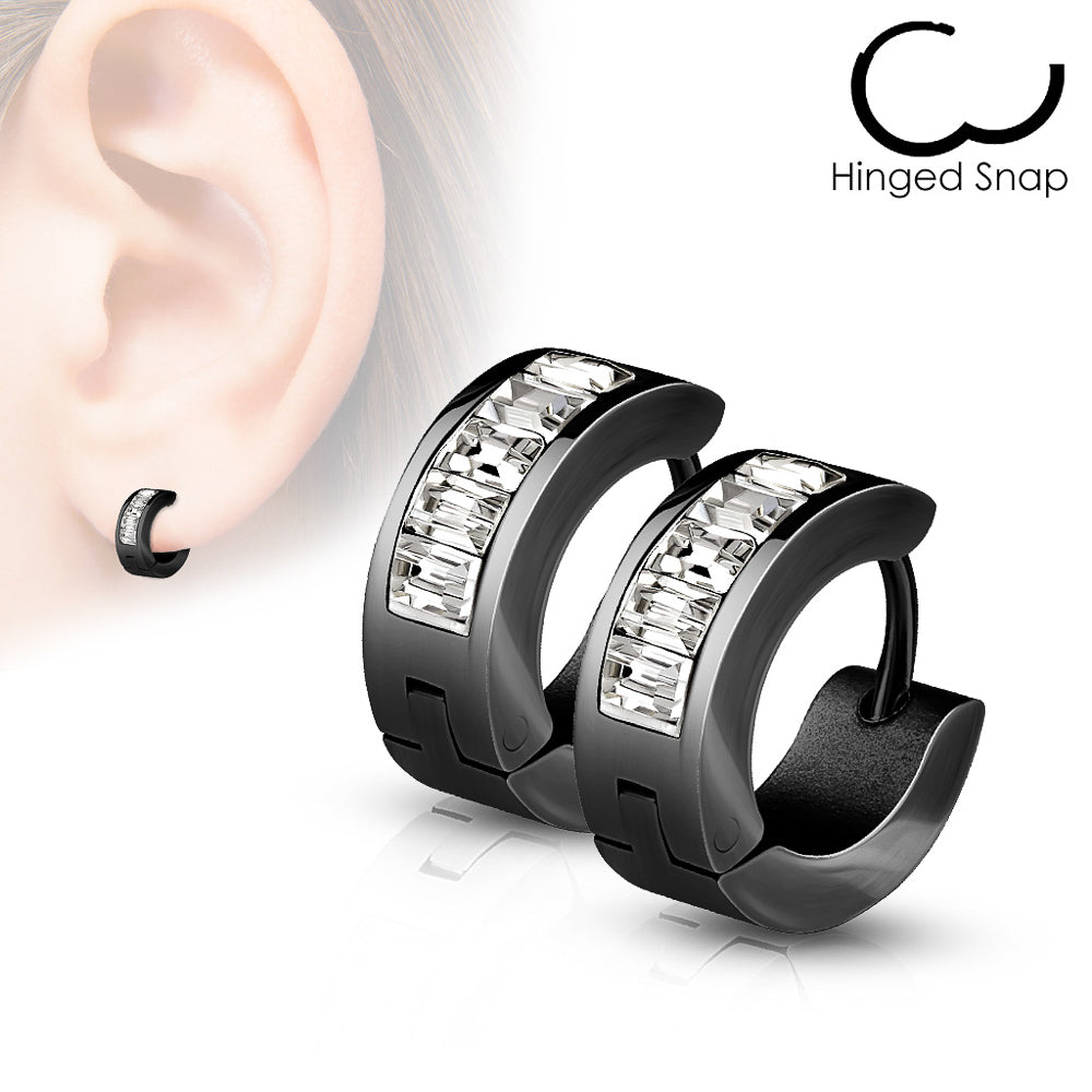 MJ-SE7078 Pair of Lined Square Gems Set Front Stainless Steel Hoop/Huggie Earrings